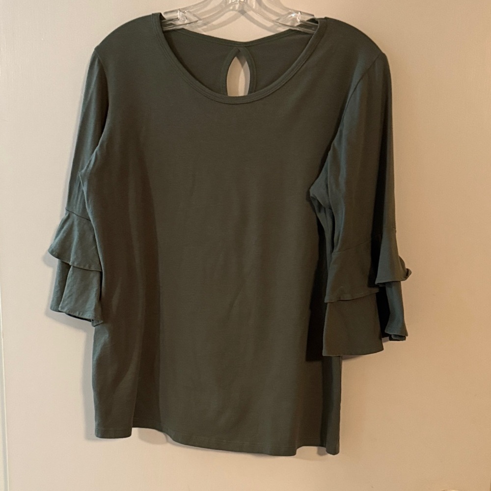 Elegant Olive Long Sleeve Top with Ruffle Detail